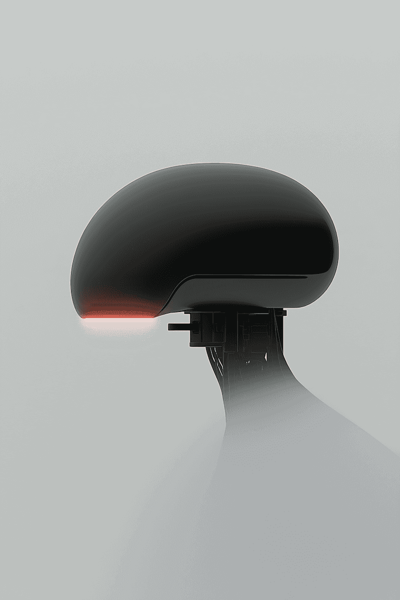 a dark robotic head against a foggy background
